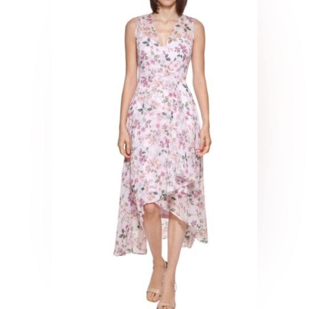 Calvin Klein Pastel Pink Floral Surplice Hi Low Dress Womens size 4 petite